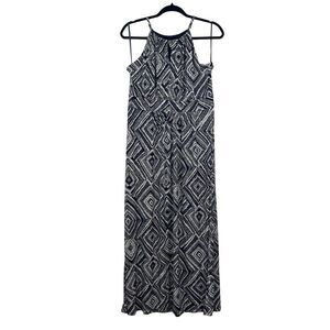 Loft Petites Womens Maxi Halter Dress Floral Stretch Pleated Blue White Size LP*